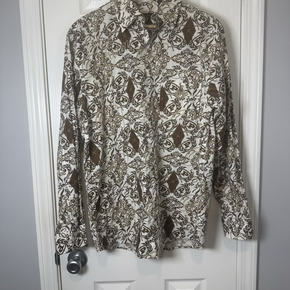 PHAT Classics Dress Shirt Brown Logo Print With Metallic GOLD Embroidery Large L